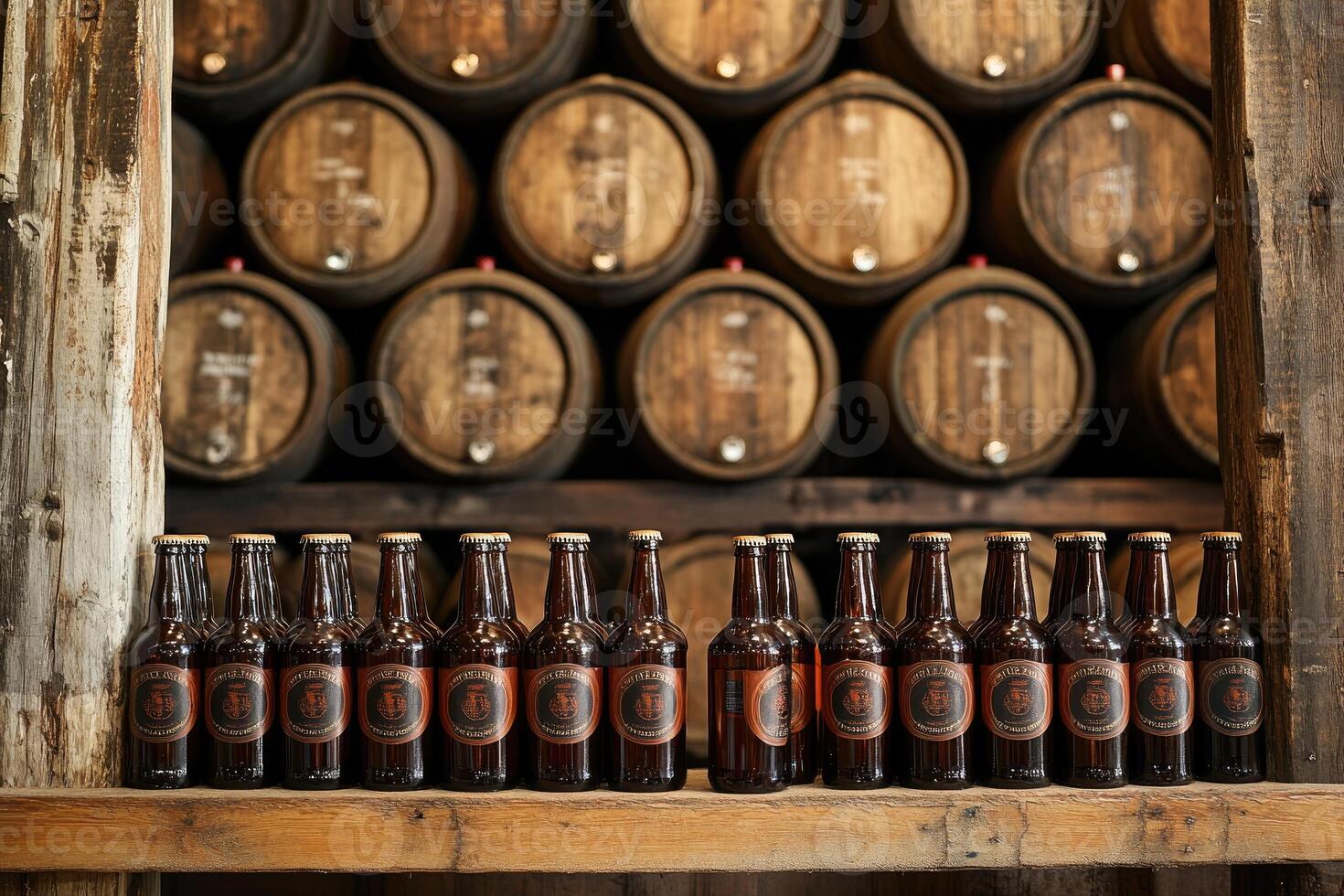 Bottles of craft beer aging in a cellar with wooden barrels photo