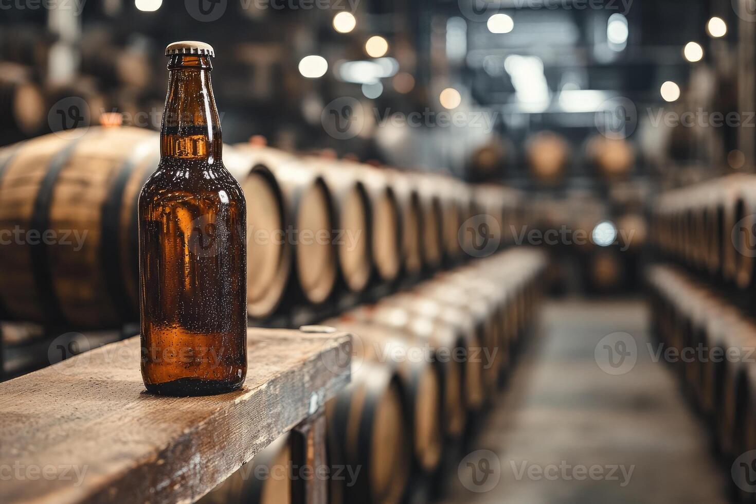 Cold beer bottle resting on wooden shelf in brewery warehouse photo
