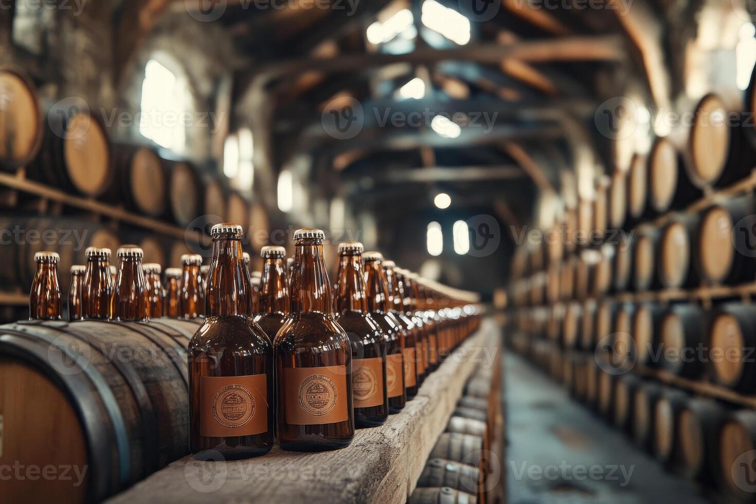 Craft beer bottles aging in a traditional wooden barrel cellar photo