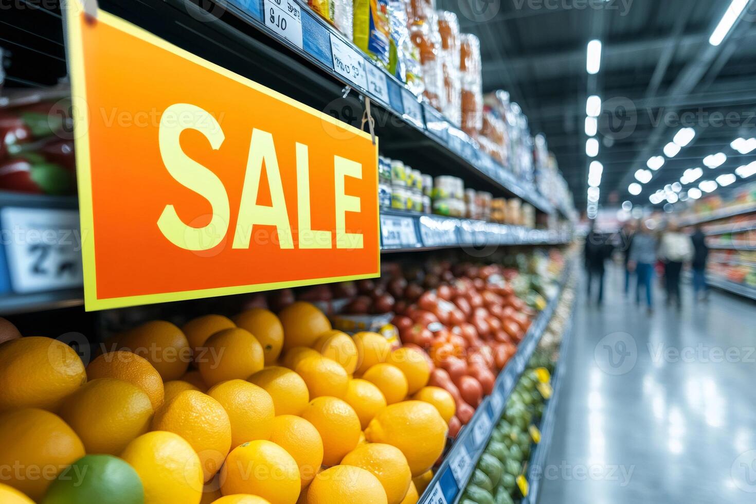 Sale sign hanging above fresh produce in supermarket aisle photo