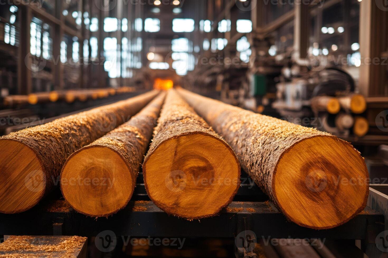 Logs moving along conveyor belt inside lumber mill processing plant photo