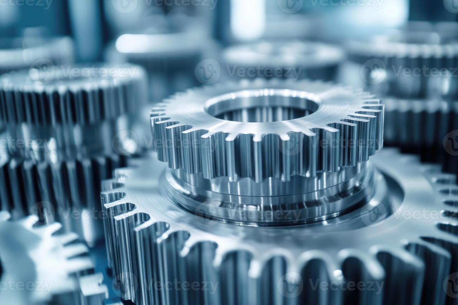 Close up of interlocking metal gears working together in perfect harmony photo