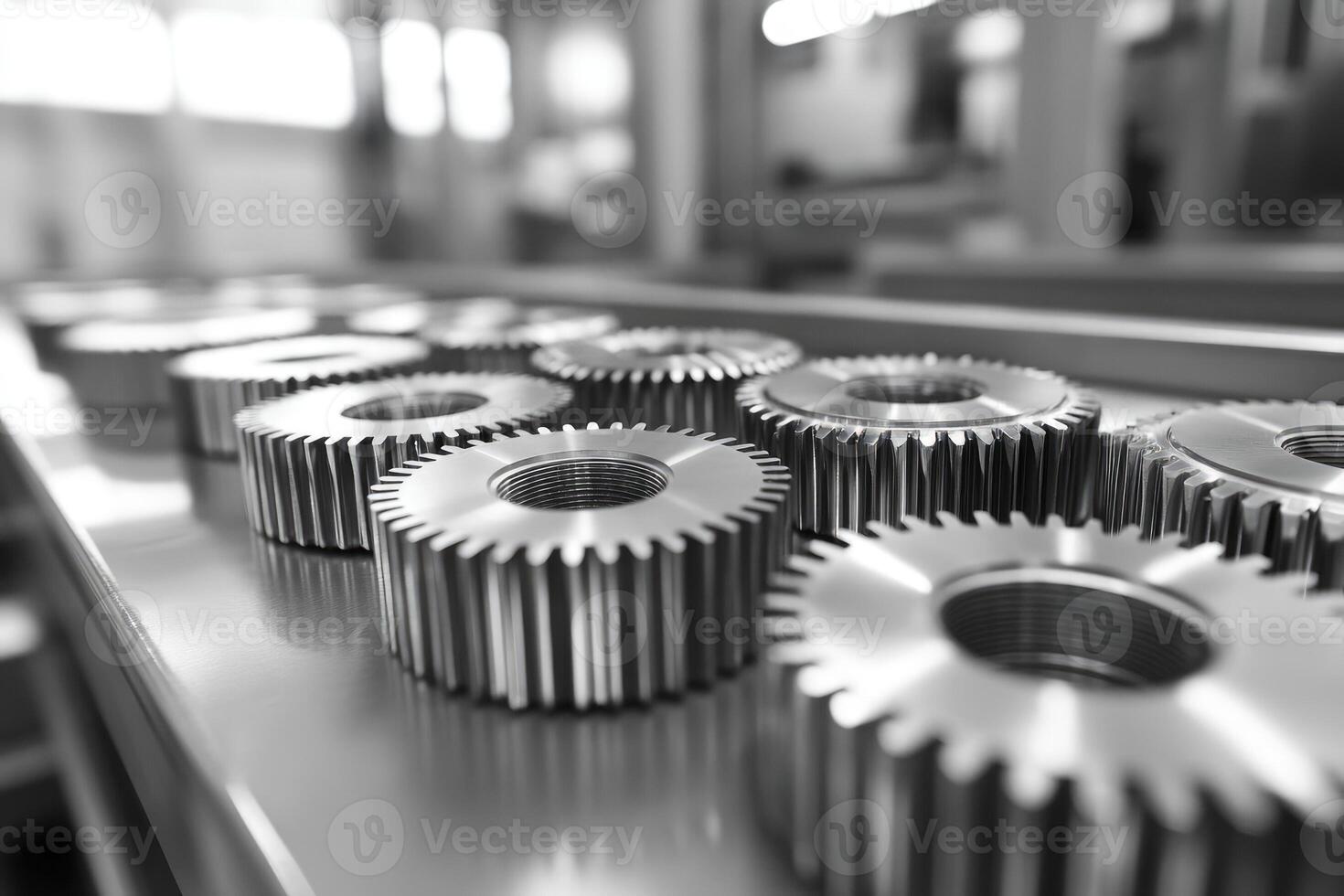 Metal gears lying on a table in a manufacturing workshop photo