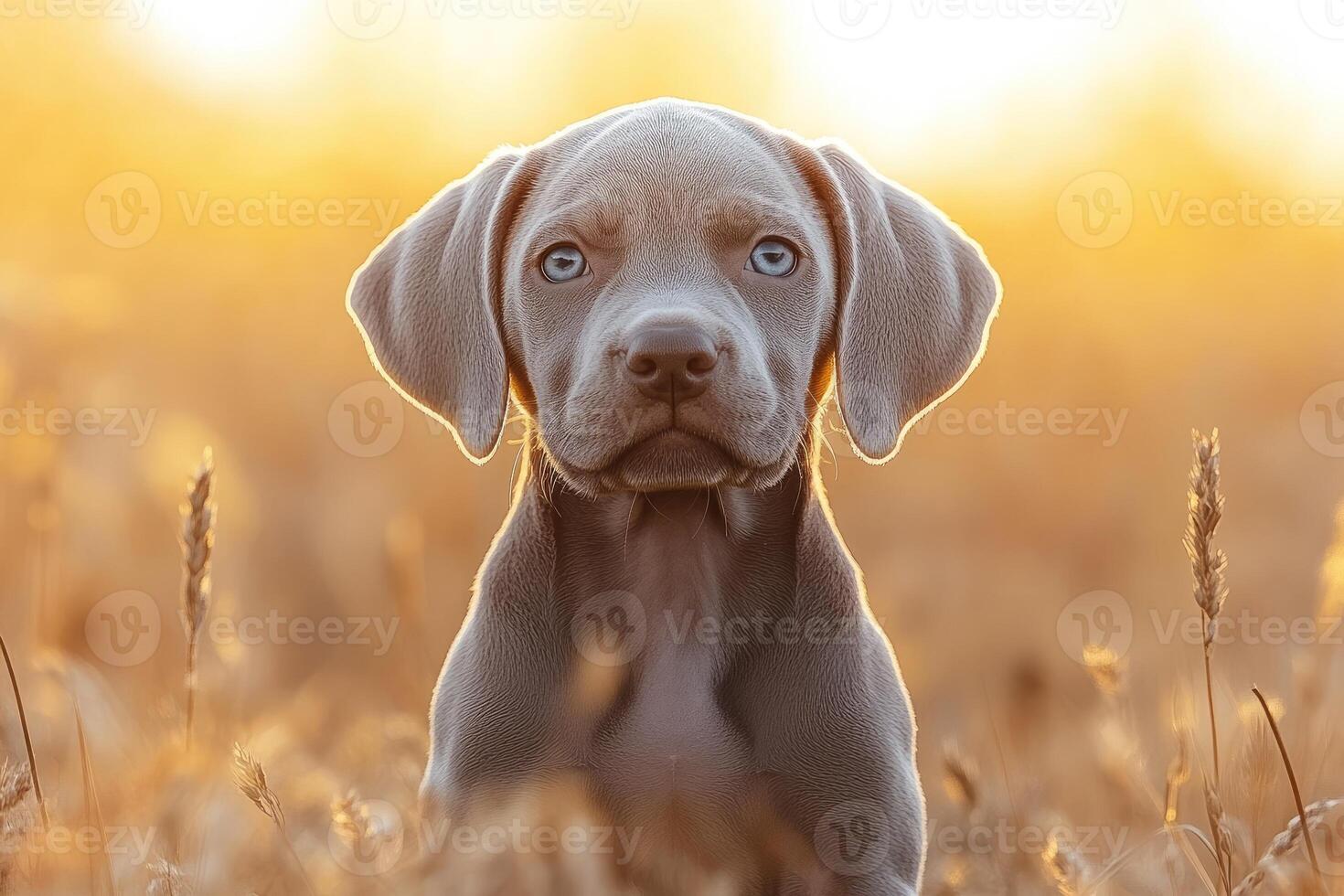 Portrait of beautiful weimaraner puppy dog sitting in wheat field at golden hour photo