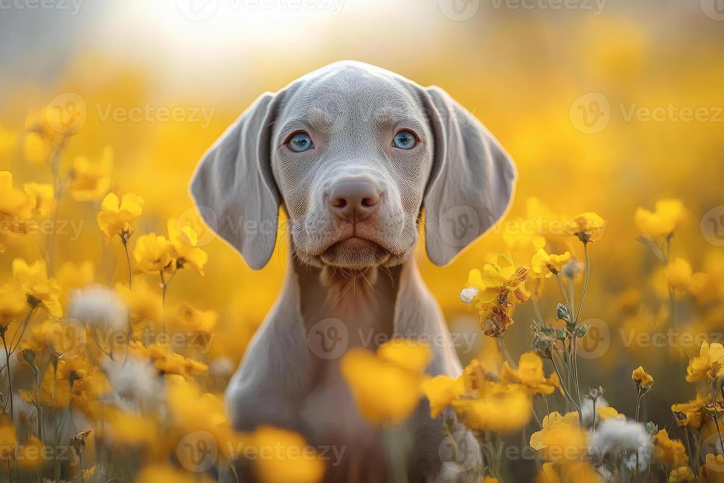 Weimaraner puppy sitting in a field of buttercup flowers photo