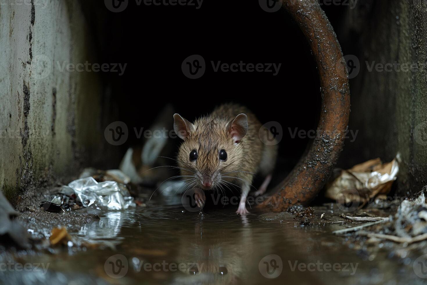 Brown rat exploring dirty sewer drain at night photo
