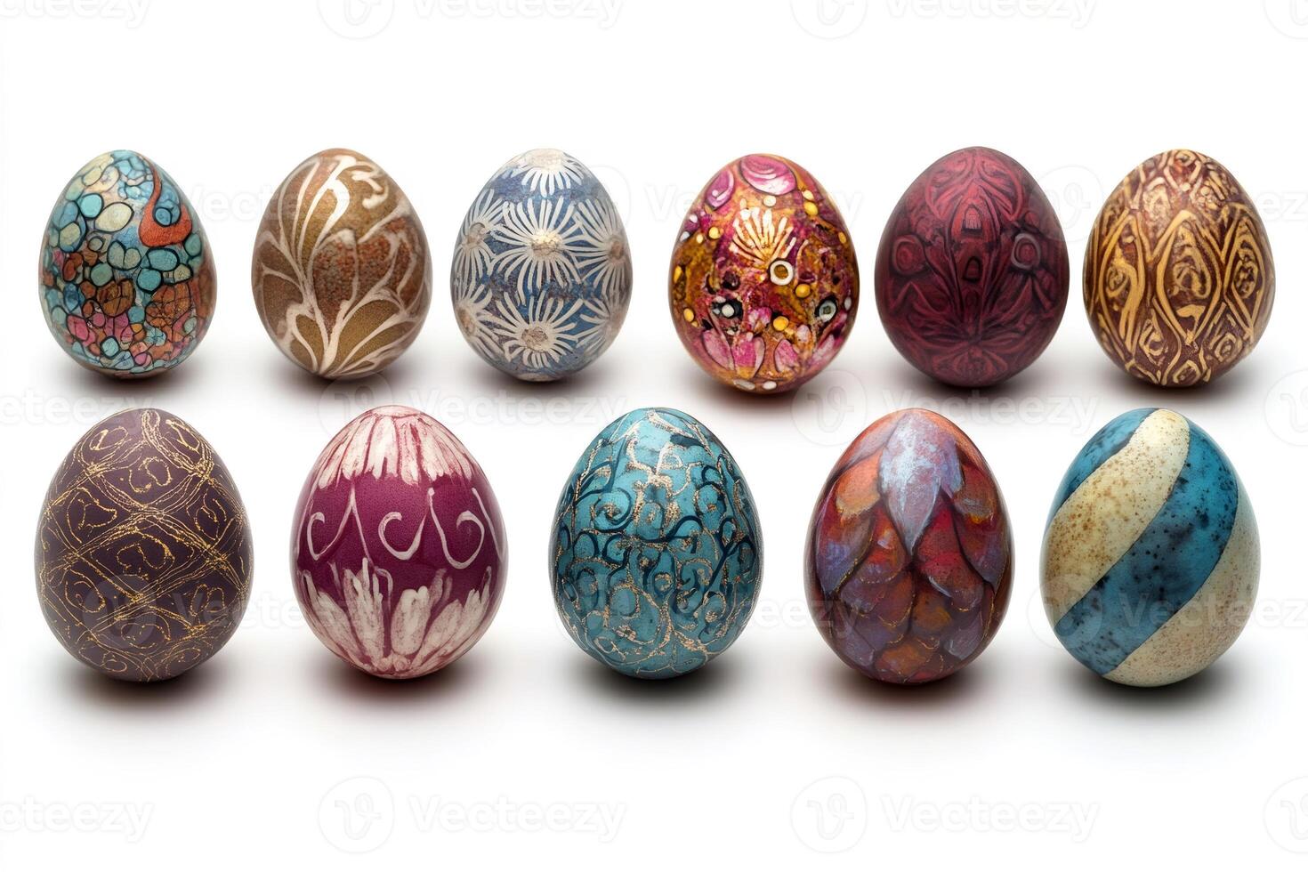 Twelve decorated easter eggs showing variety of colors and patterns photo