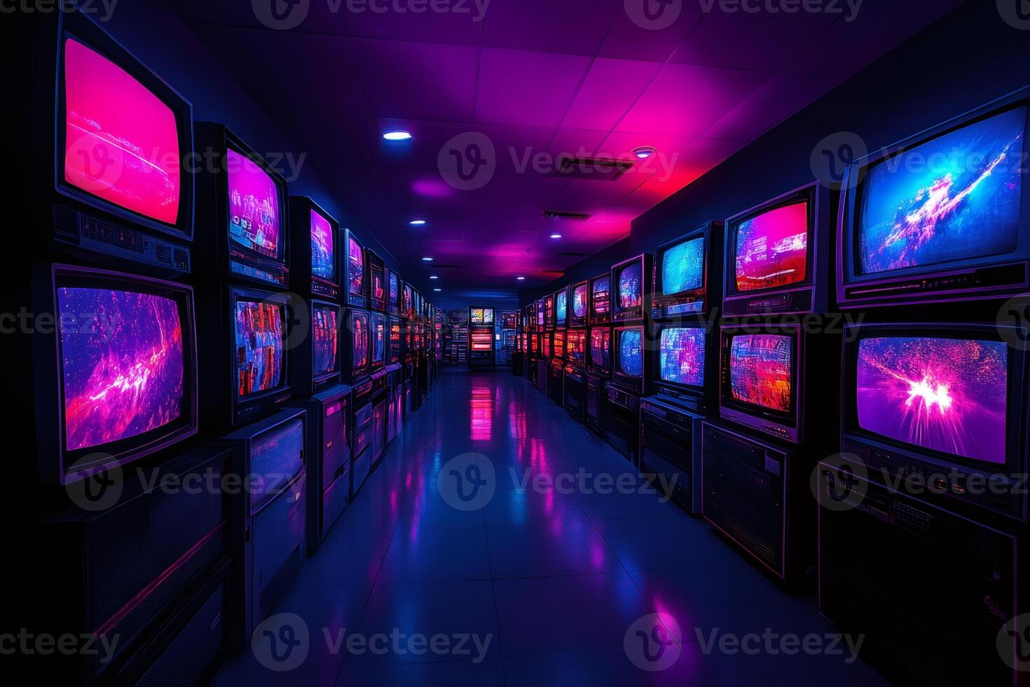 Retro tvs showing colorful abstract patterns creating a vintage illuminated hallway photo