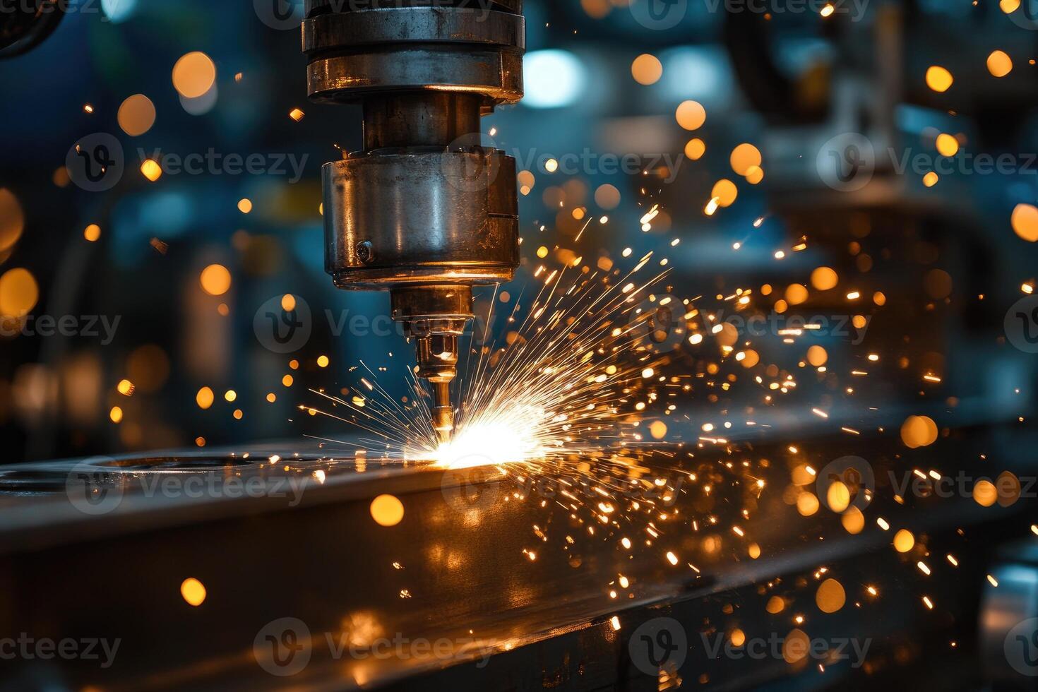 Robotic laser cutter making sparks while cutting metal in a factory. photo