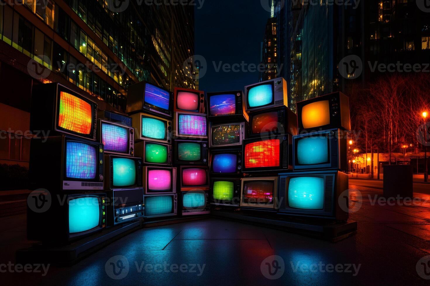 Vintage televisions showing colorful static and pixelated images at night in a city photo