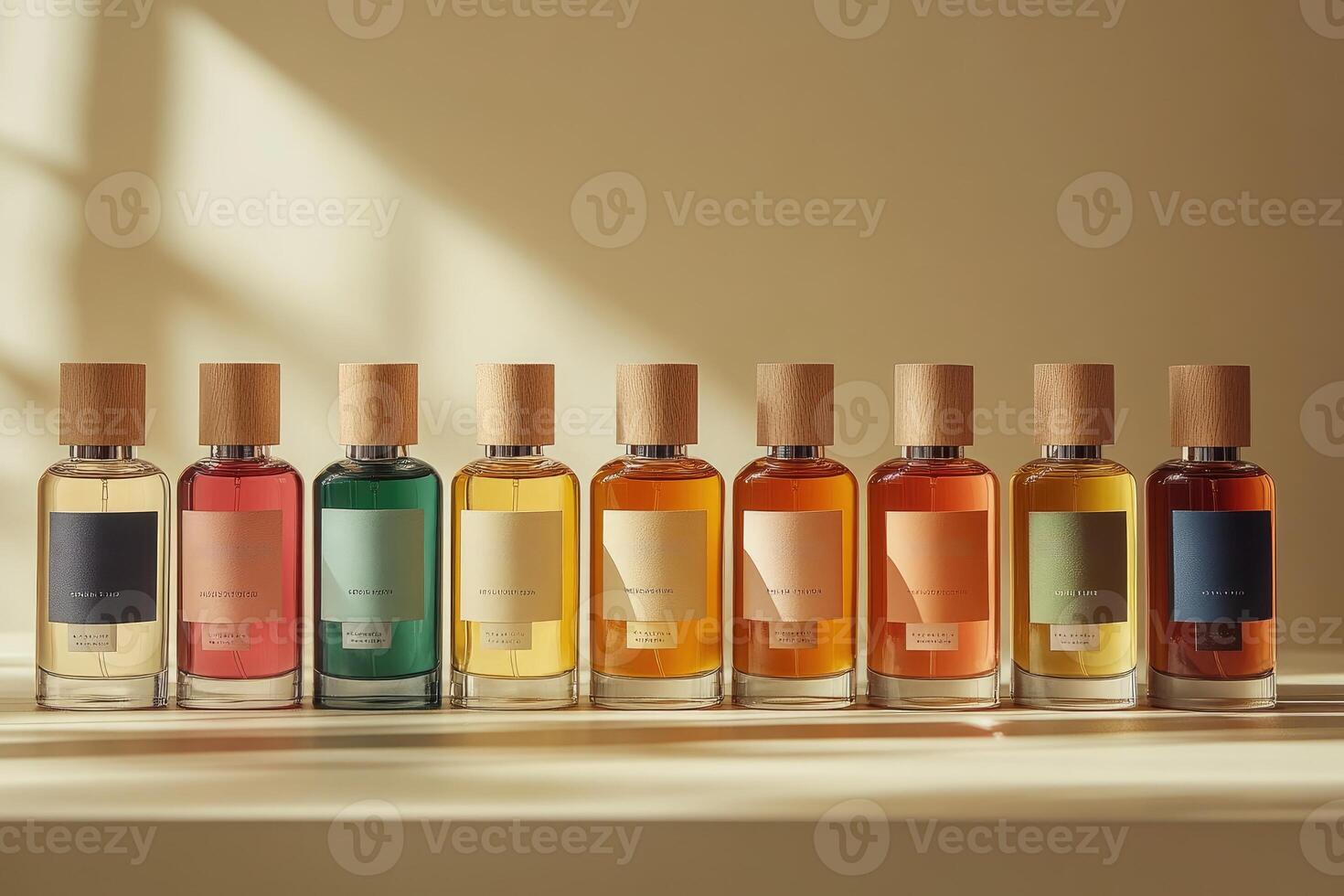 Colorful perfume bottles with wooden caps creating an appealing display photo
