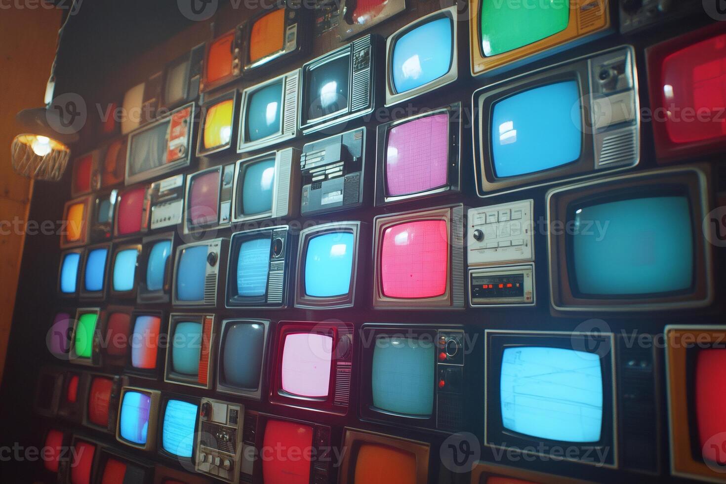 Wall showing many colorful old televisions broadcasting different signals photo