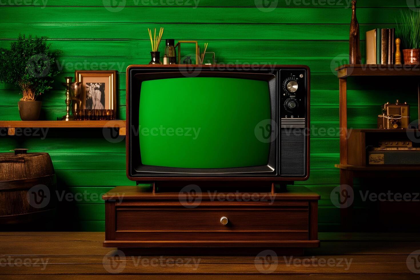 Vintage television set displaying green screen in retro room photo