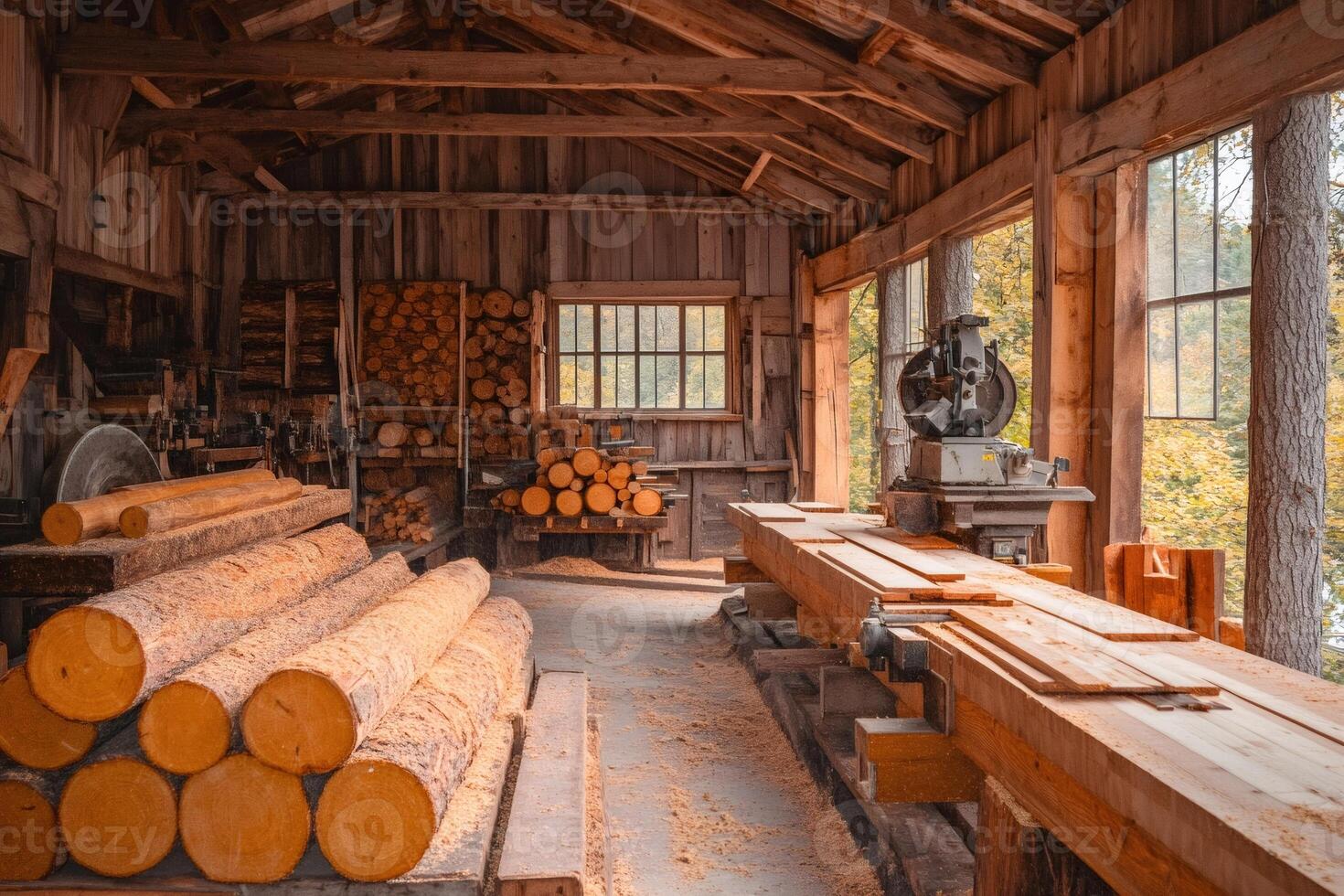 Sawmill processing freshly cut logs into lumber in rustic workshop photo