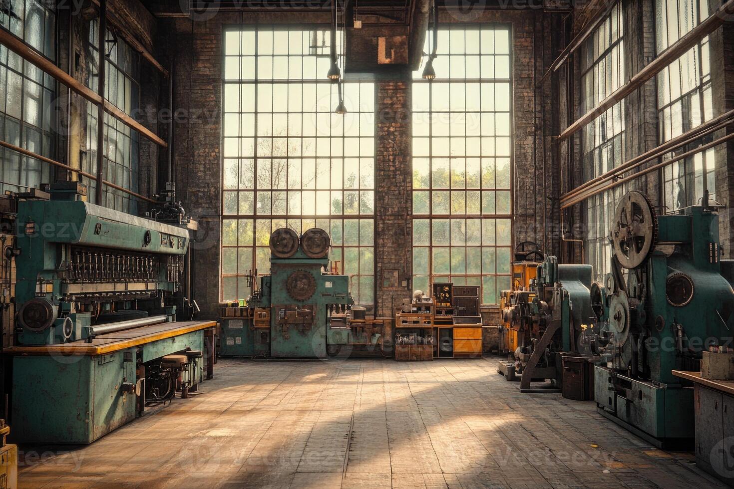 Sunlight illuminating old machinery in abandoned factory photo