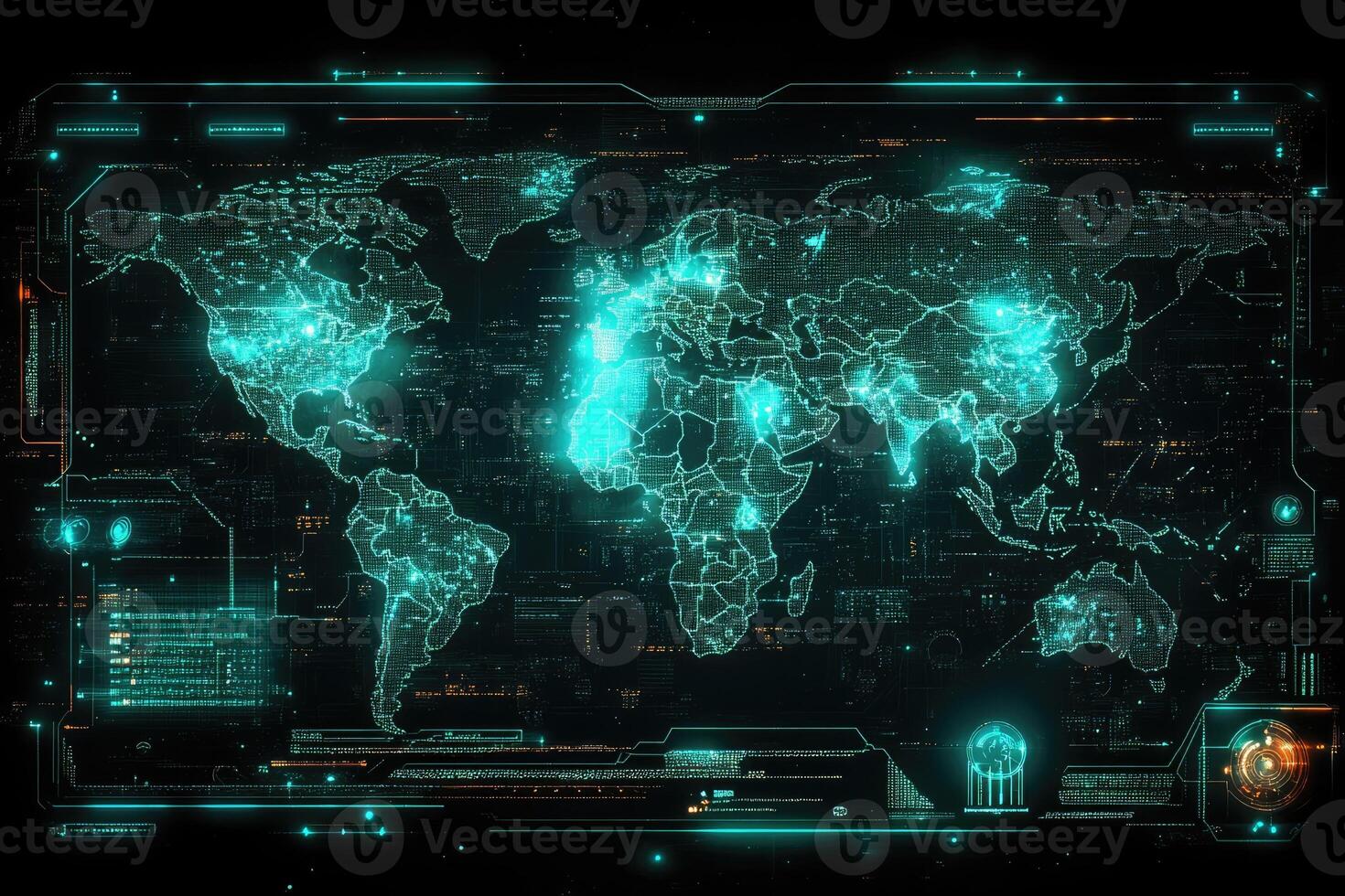 Futuristic global monitoring system displaying world map with data points photo