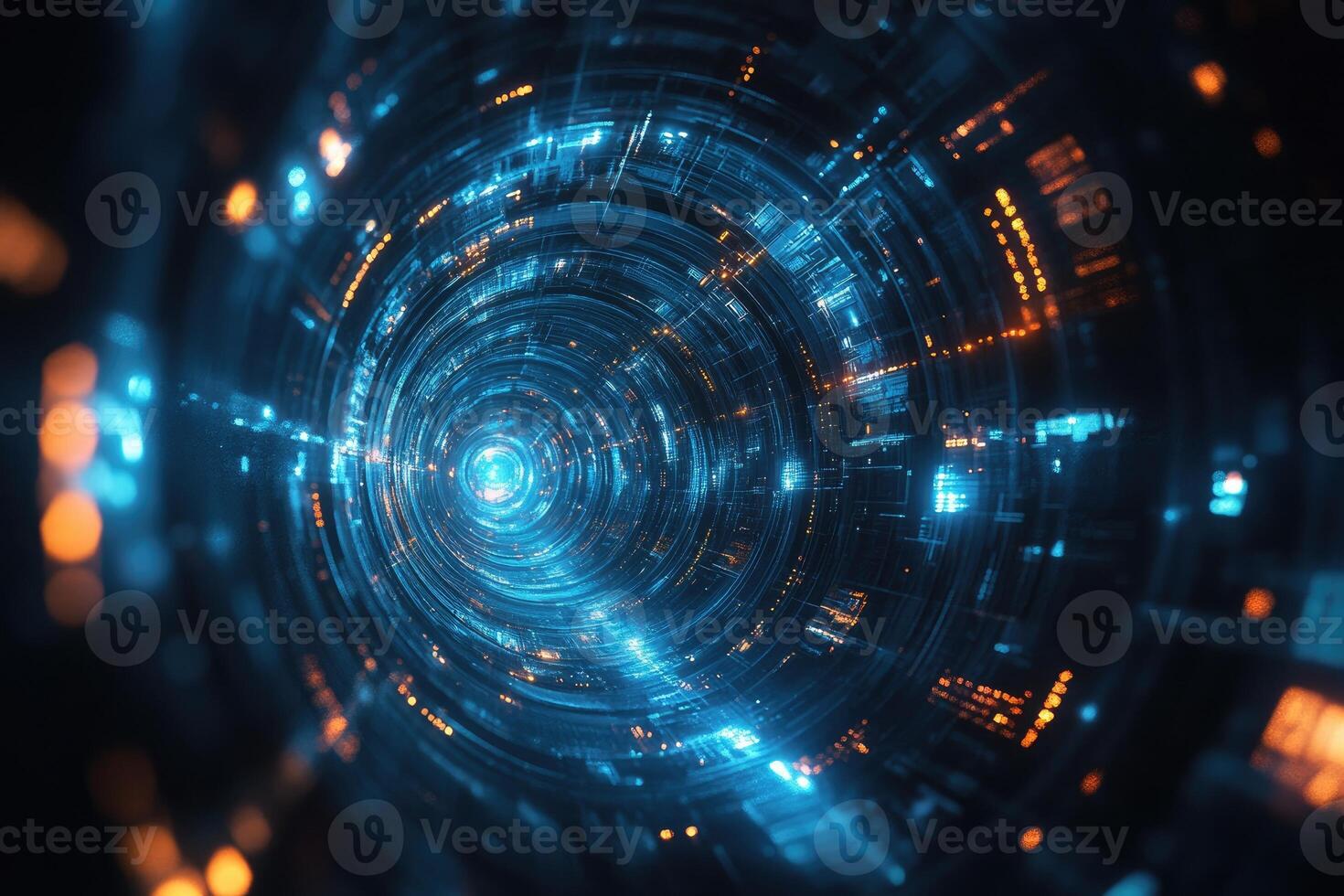 Futuristic tunnel rotating with blue and orange lights and digital data flowing photo