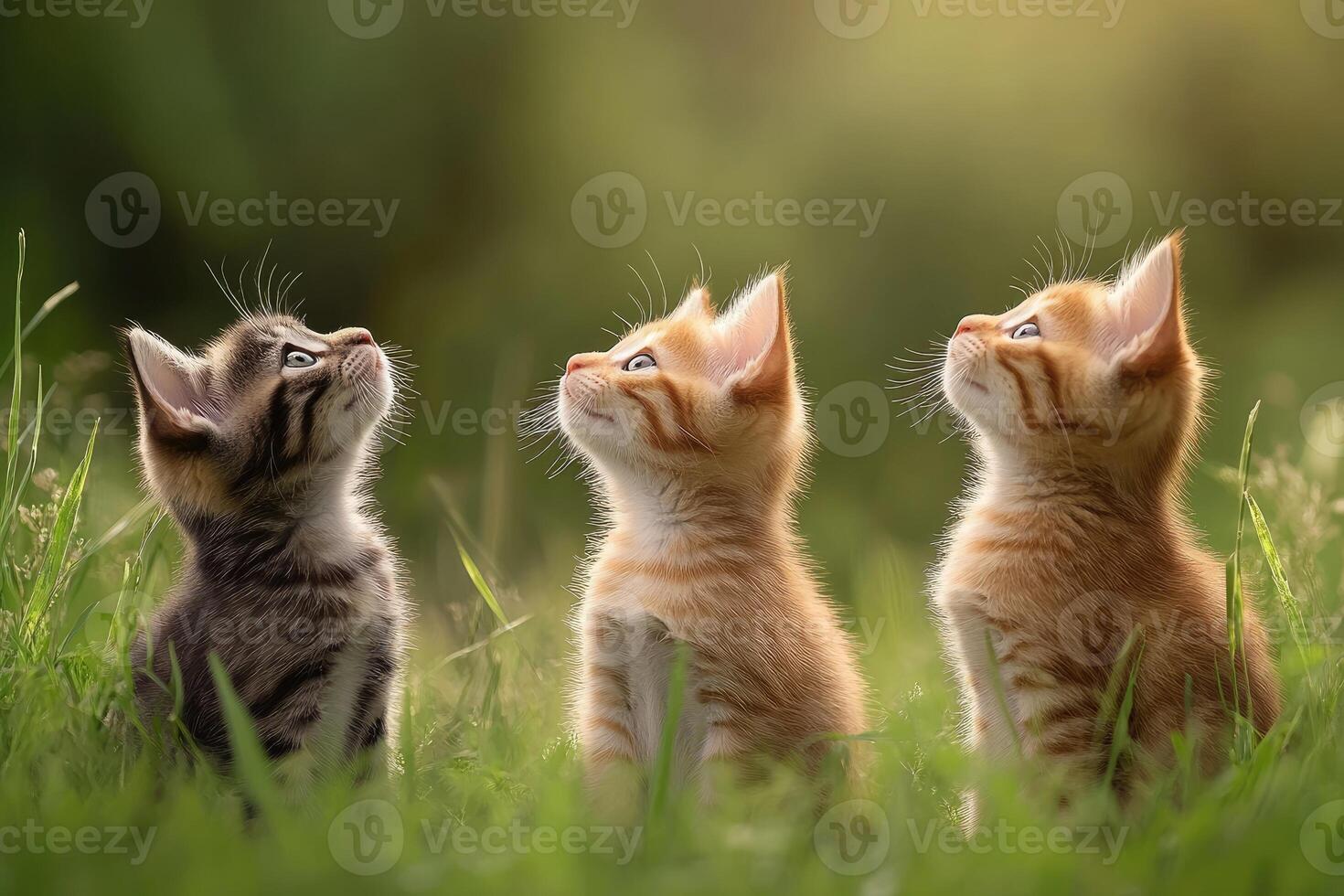 Three curious kittens looking up in green grass photo