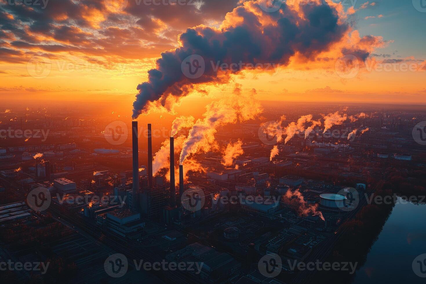 Industrial chimneys releasing smoke at sunset creating pollution over city photo