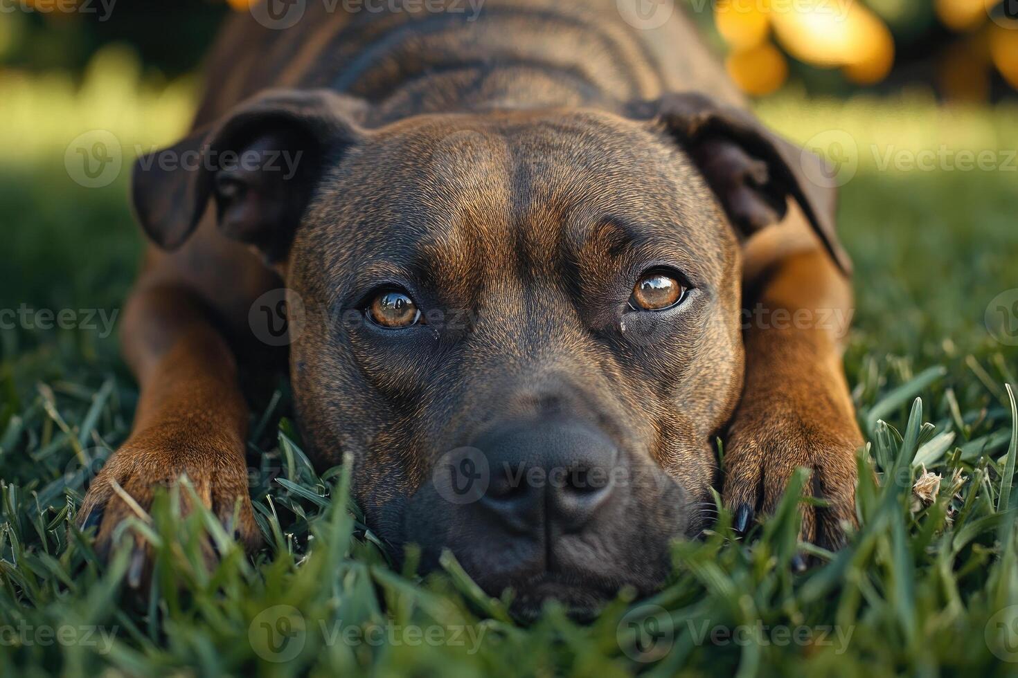Beautiful brown dog lying on grass in nature photo
