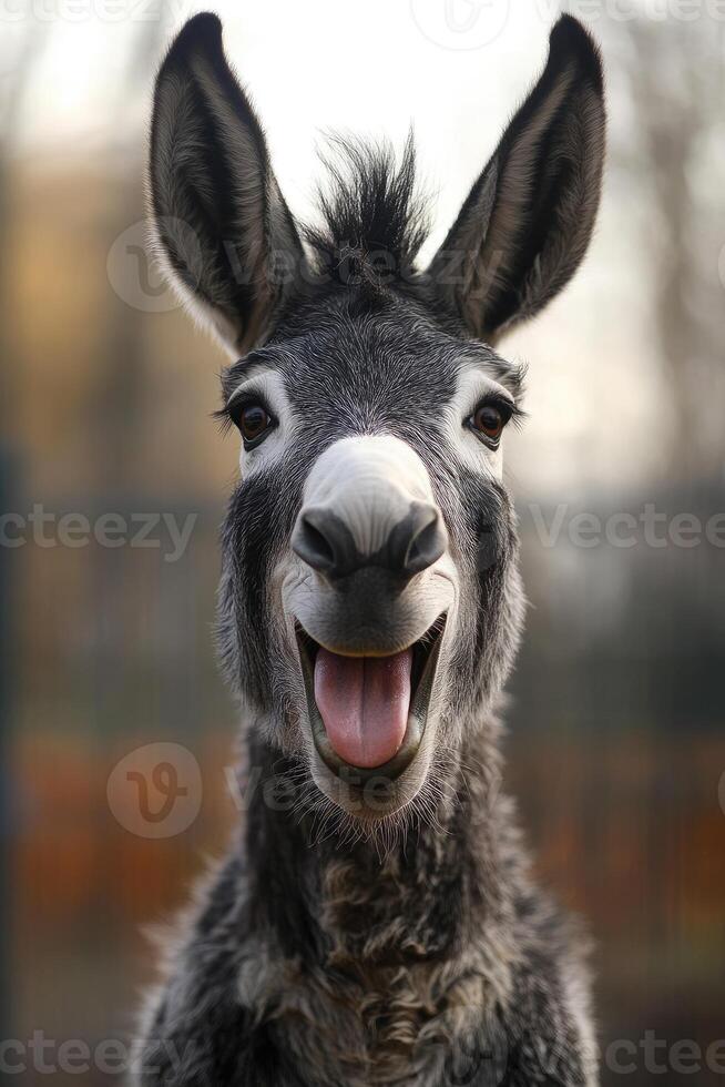 Donkey smiling showing tongue and teeth with big ears. photo