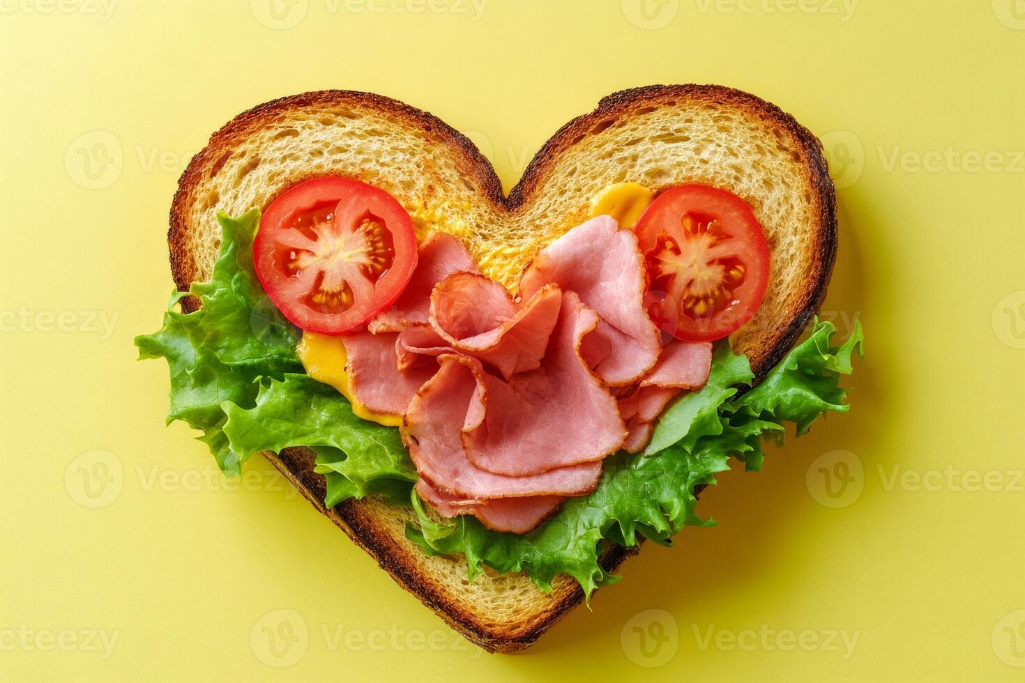 Heart shaped ham sandwich celebrating valentine's day with lettuce, tomato and mustard on yellow background photo