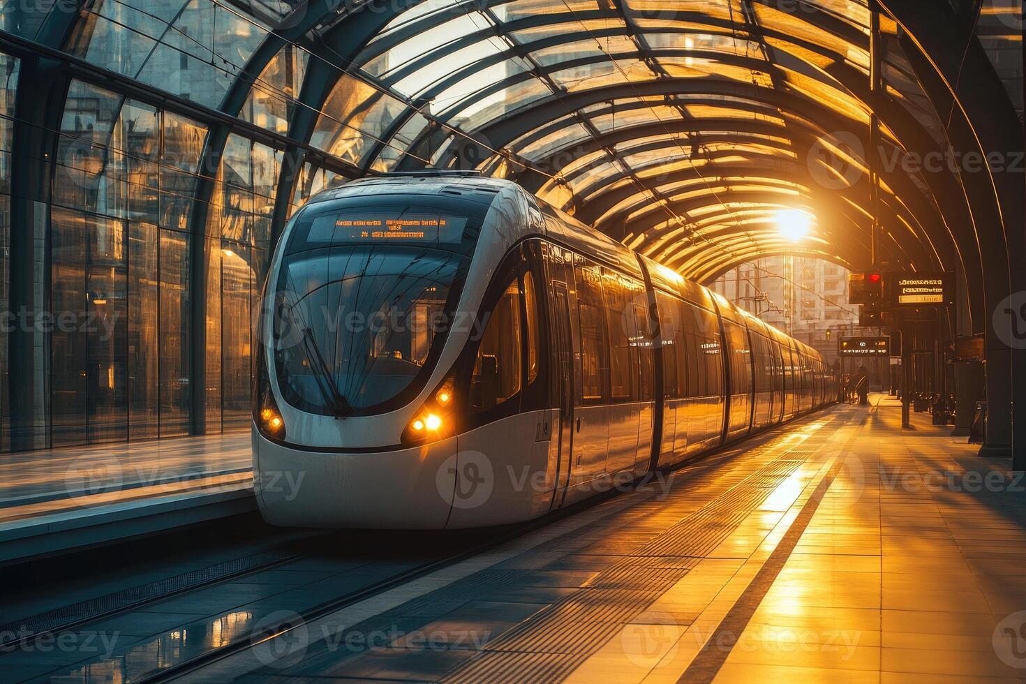 Modern tram arriving at station. photo