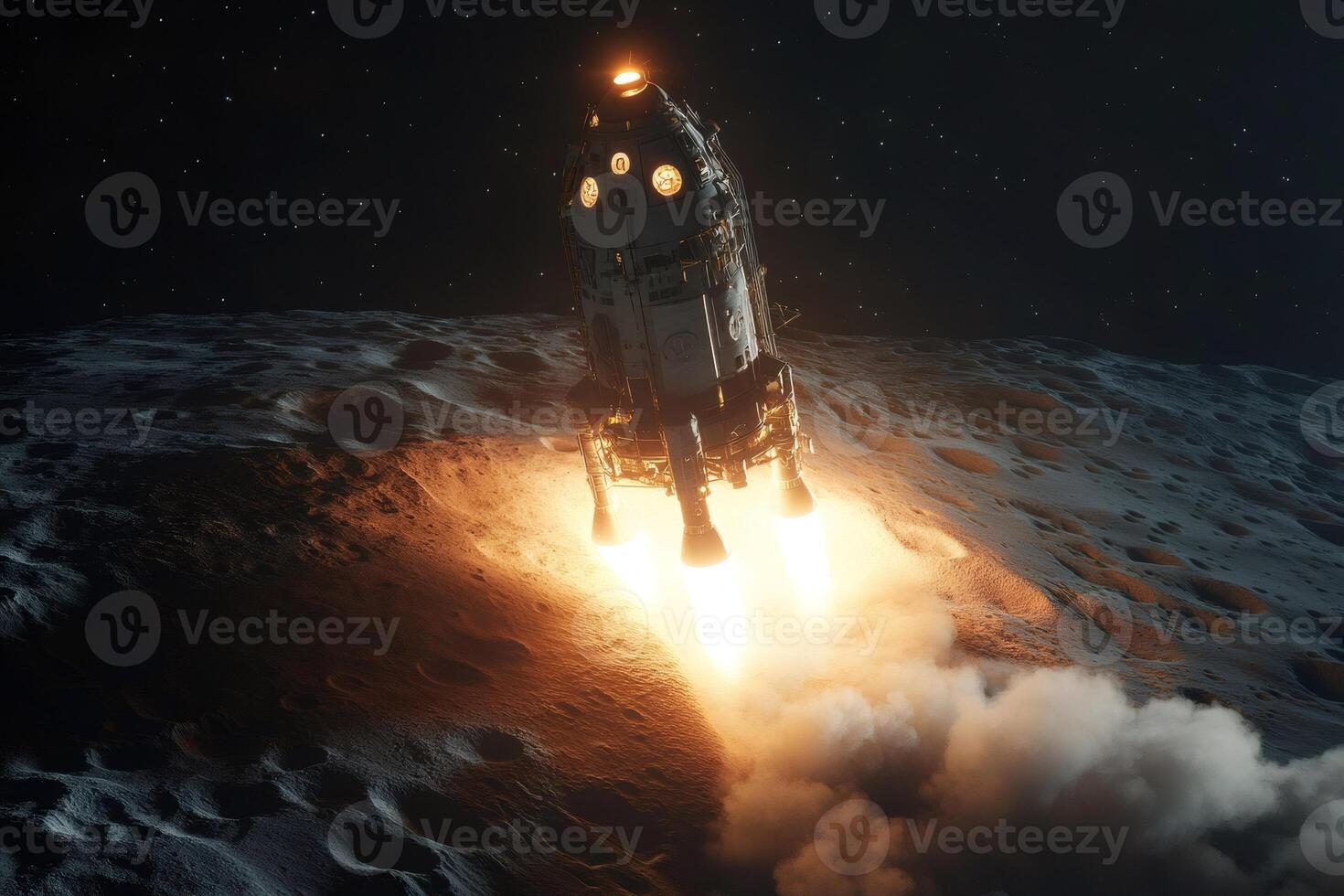 Lunar module taking off from moon surface at night photo