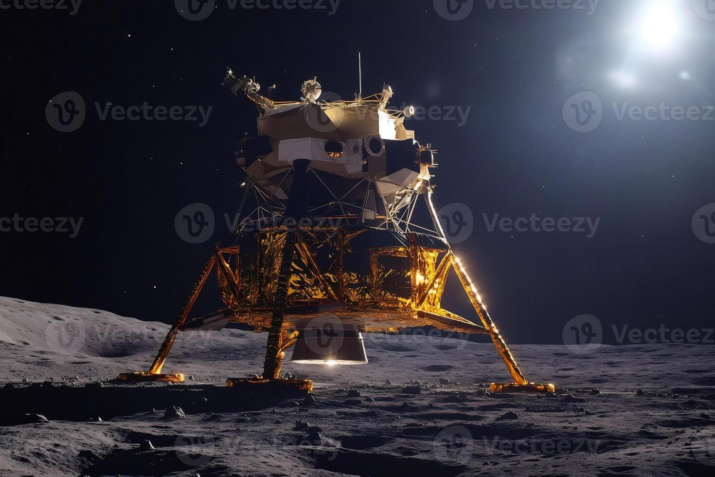 Lunar module standing on the moon surface under moonlight and stars photo