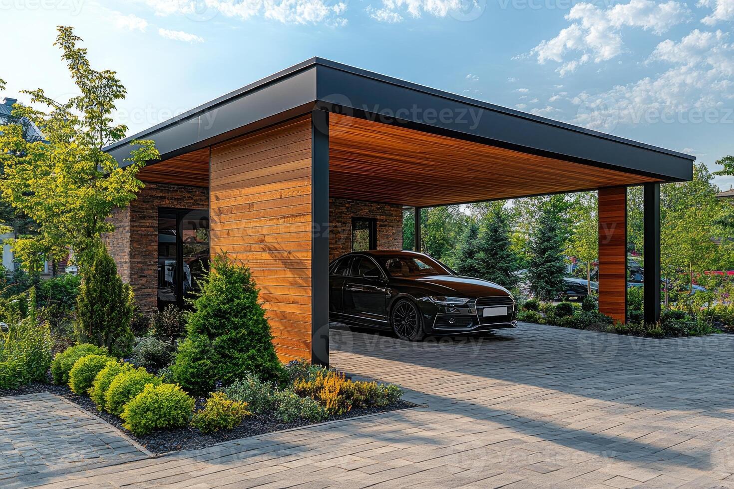 Modern carport with sleek black car and lush landscaping photo