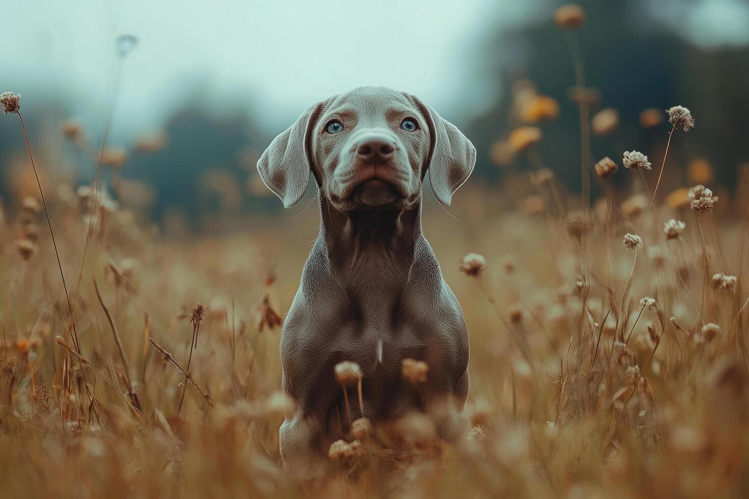 Beautiful weimaraner puppy sitting in a field of dry flowers.. photo