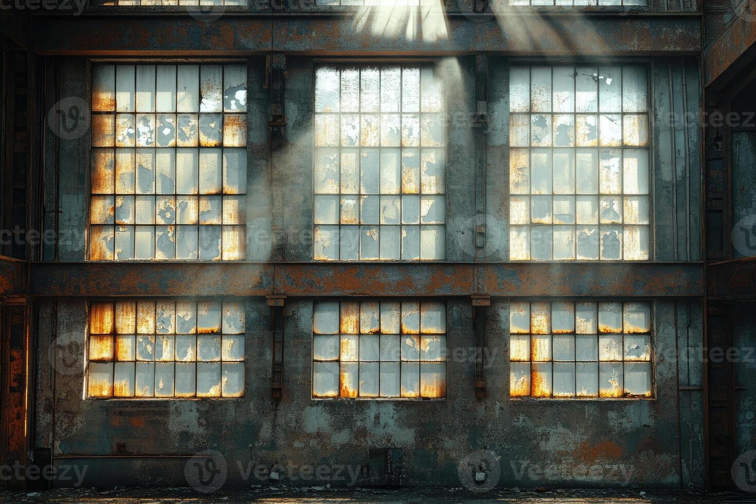 Sunbeams illuminating derelict industrial building through broken windows photo