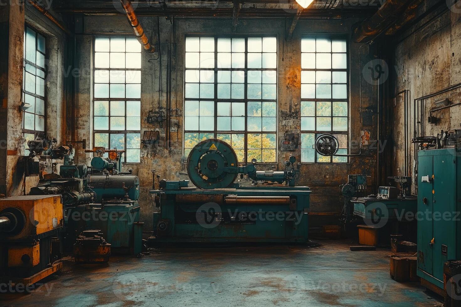 Old industrial machines standing in abandoned factory interior photo