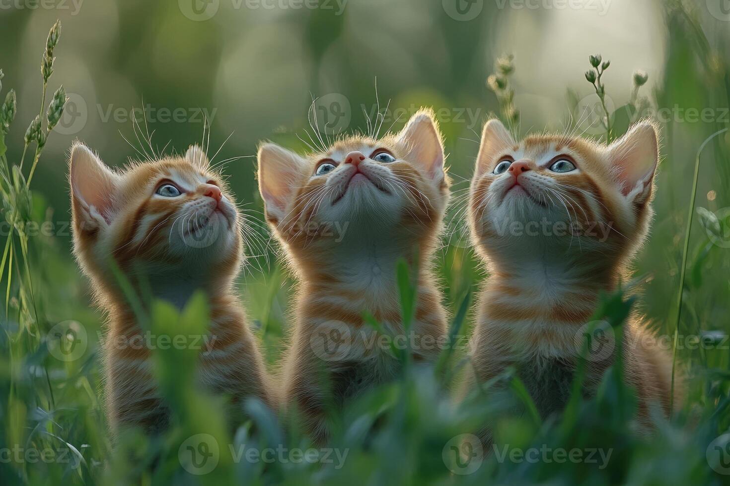 Three curious kittens looking up in green grass. photo
