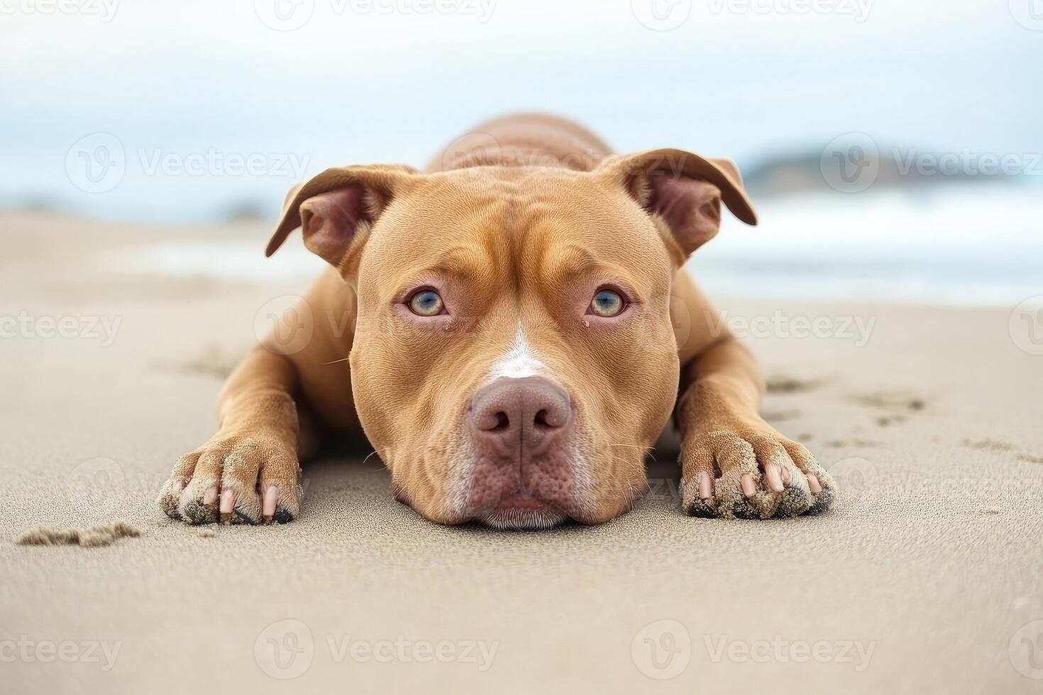 Pit bull dog relaxing on the beach photo