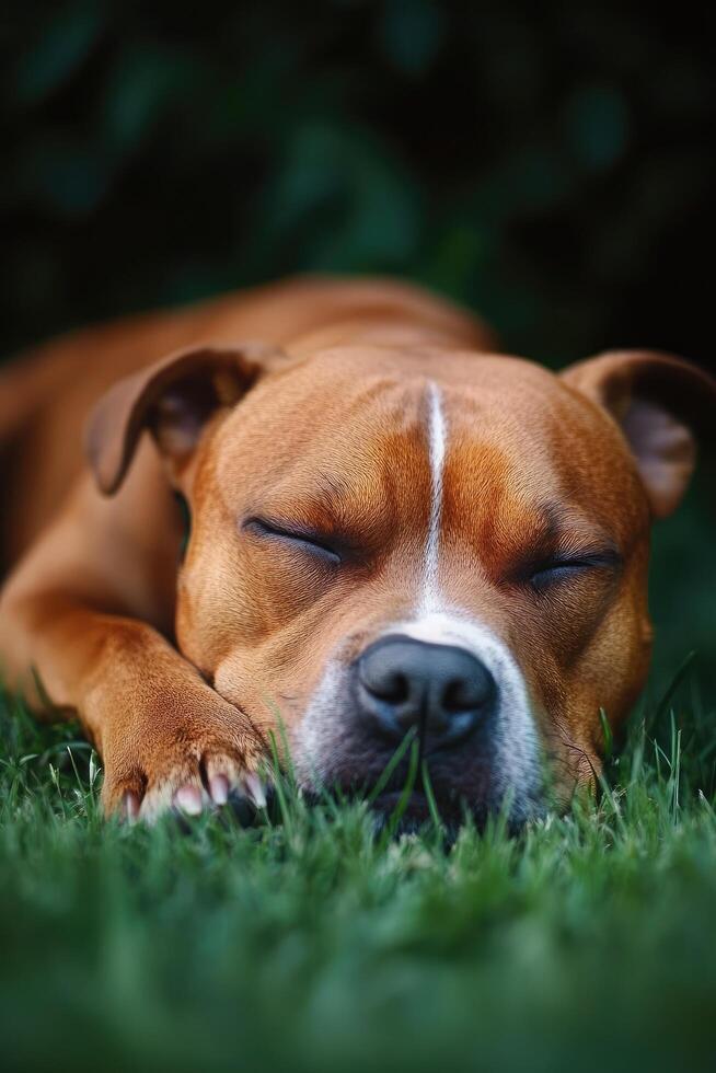 Staffordshire bull terrier resting its head on grass at sunset. photo