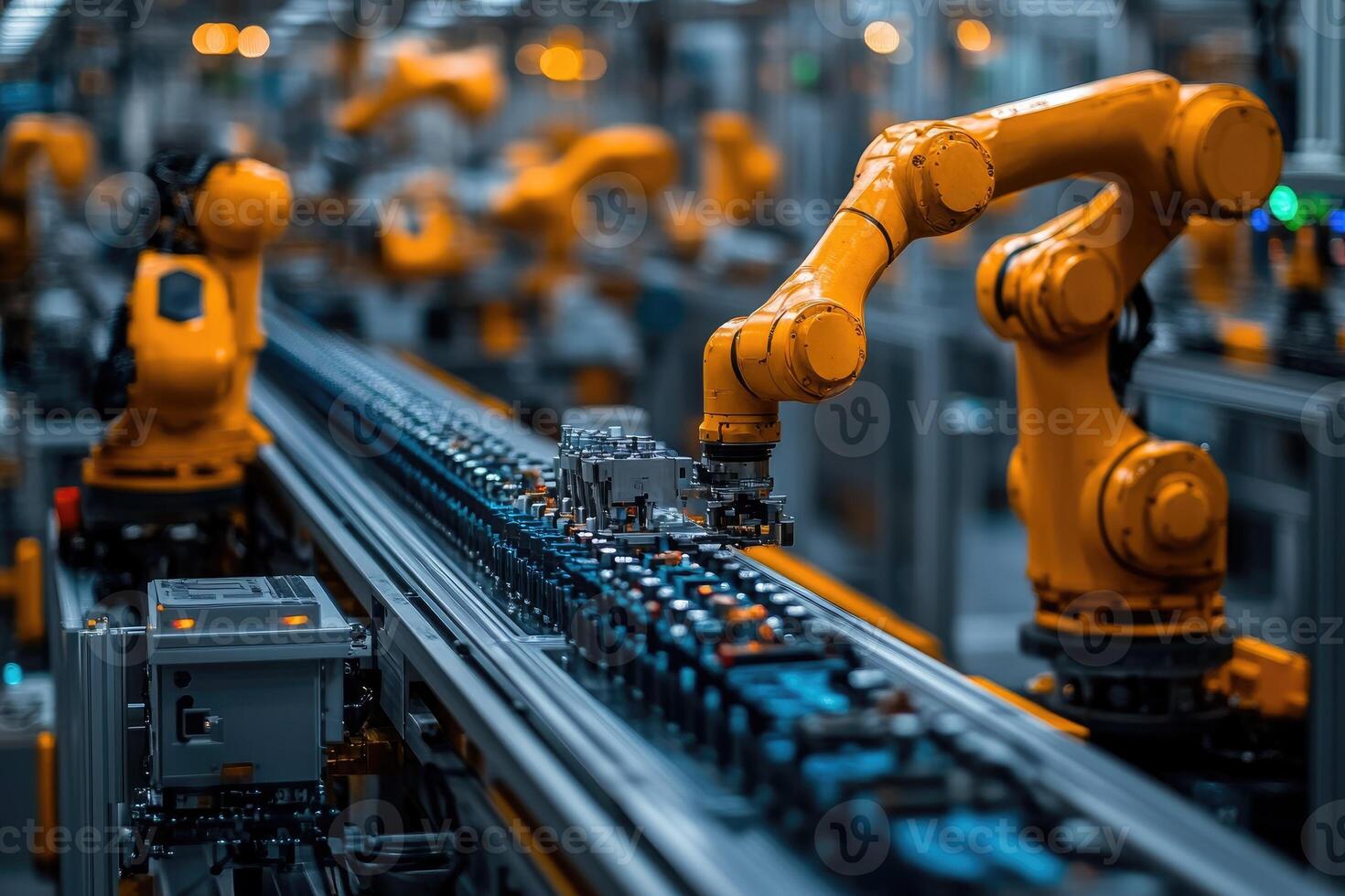 Robotic arms working on assembly line in modern factory. photo