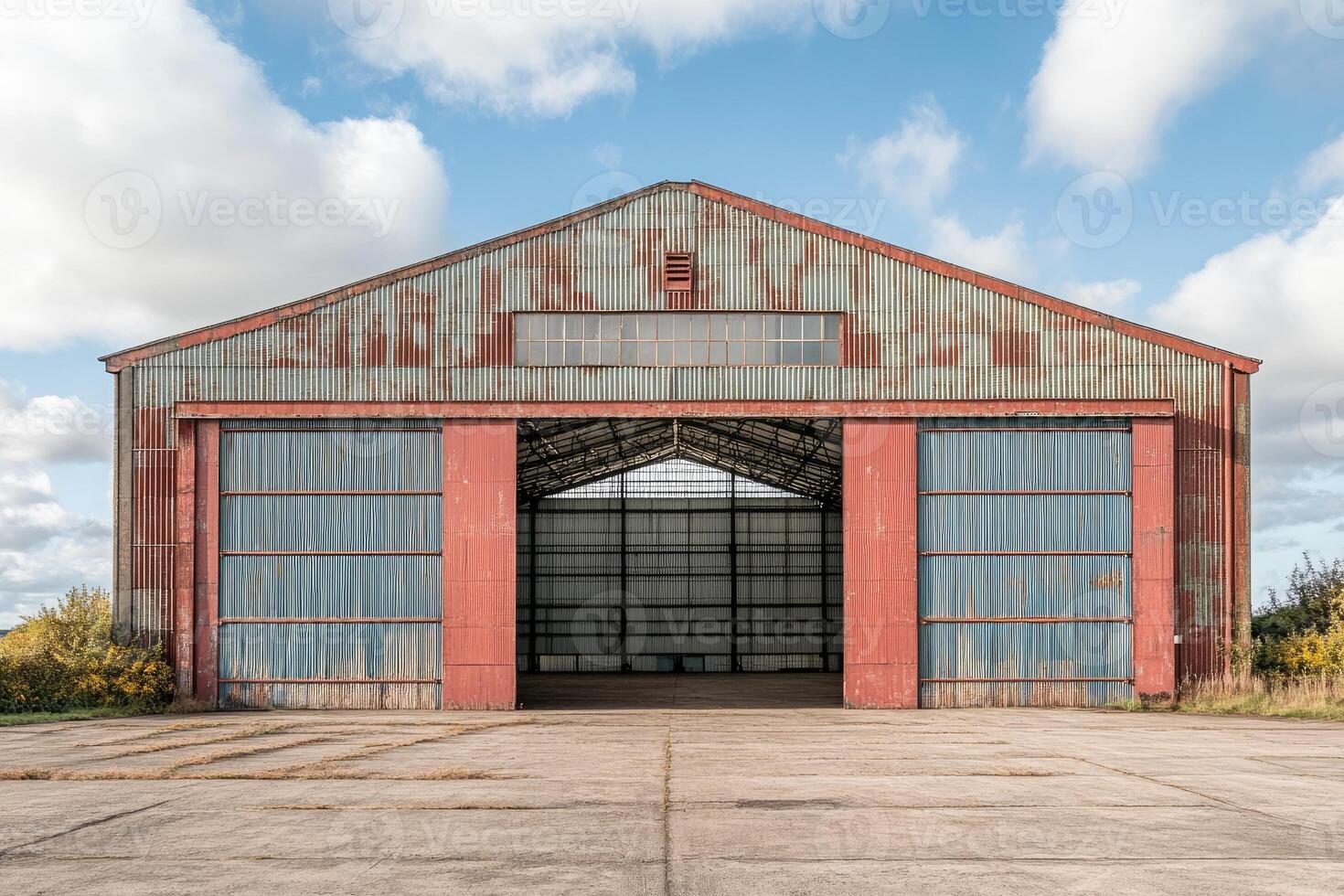 Rusty metal warehouse with open doors and cloudy sky photo