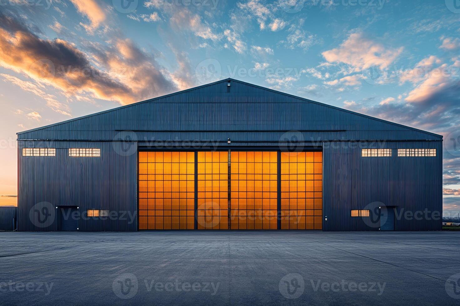 Large industrial hangar with illuminated doors at sunset photo