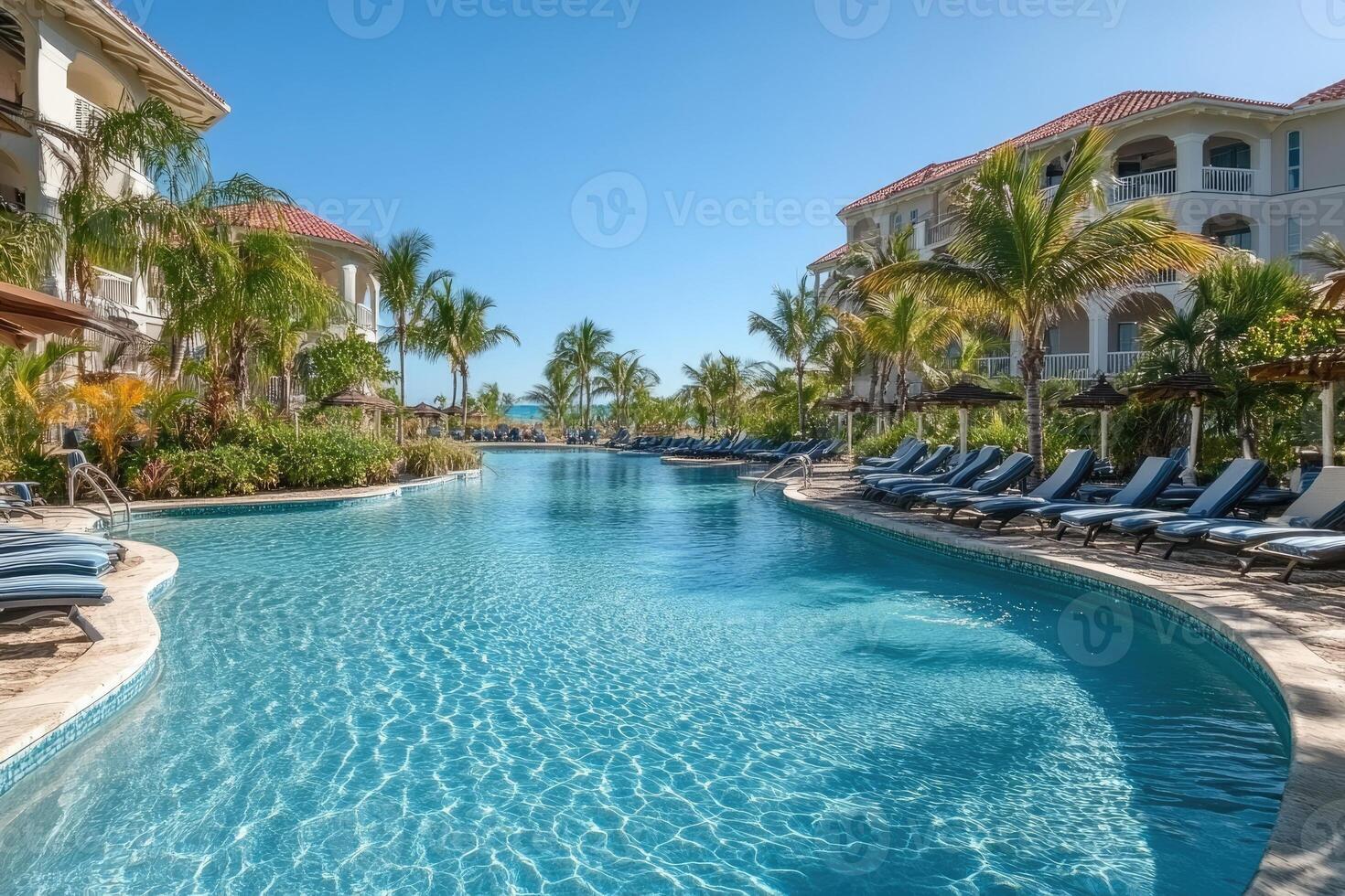 Luxury hotel with swimming pool surrounded by palm trees and sunbeds inviting relaxation photo