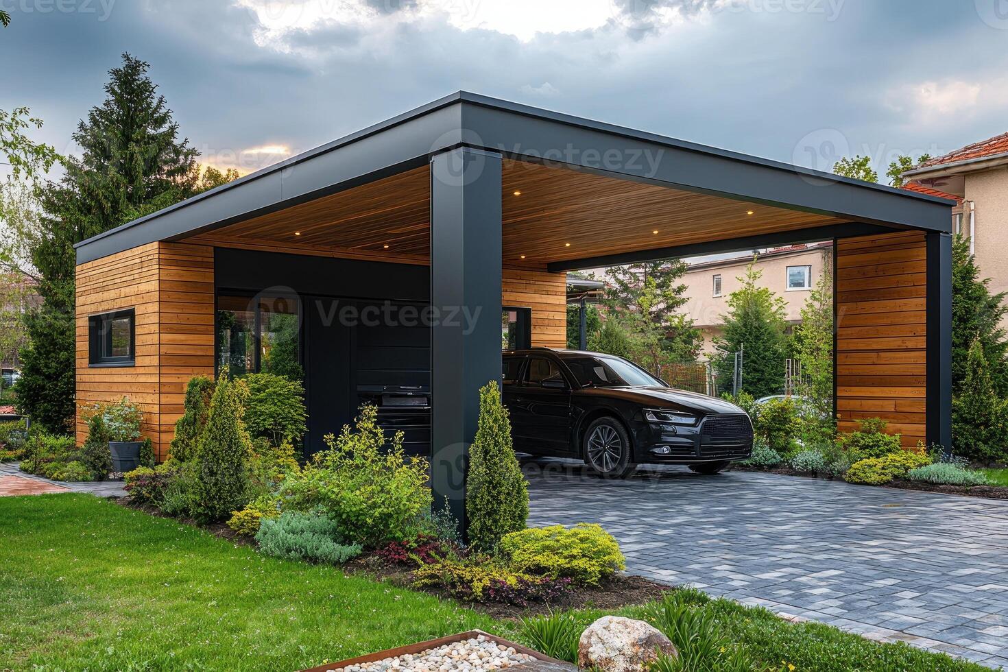 Modern carport with sleek black vehicle and lush landscaping photo