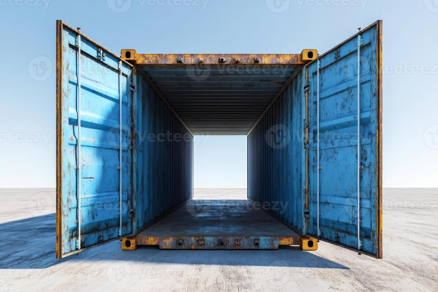 Exploring the interior of a rustic blue shipping container photo