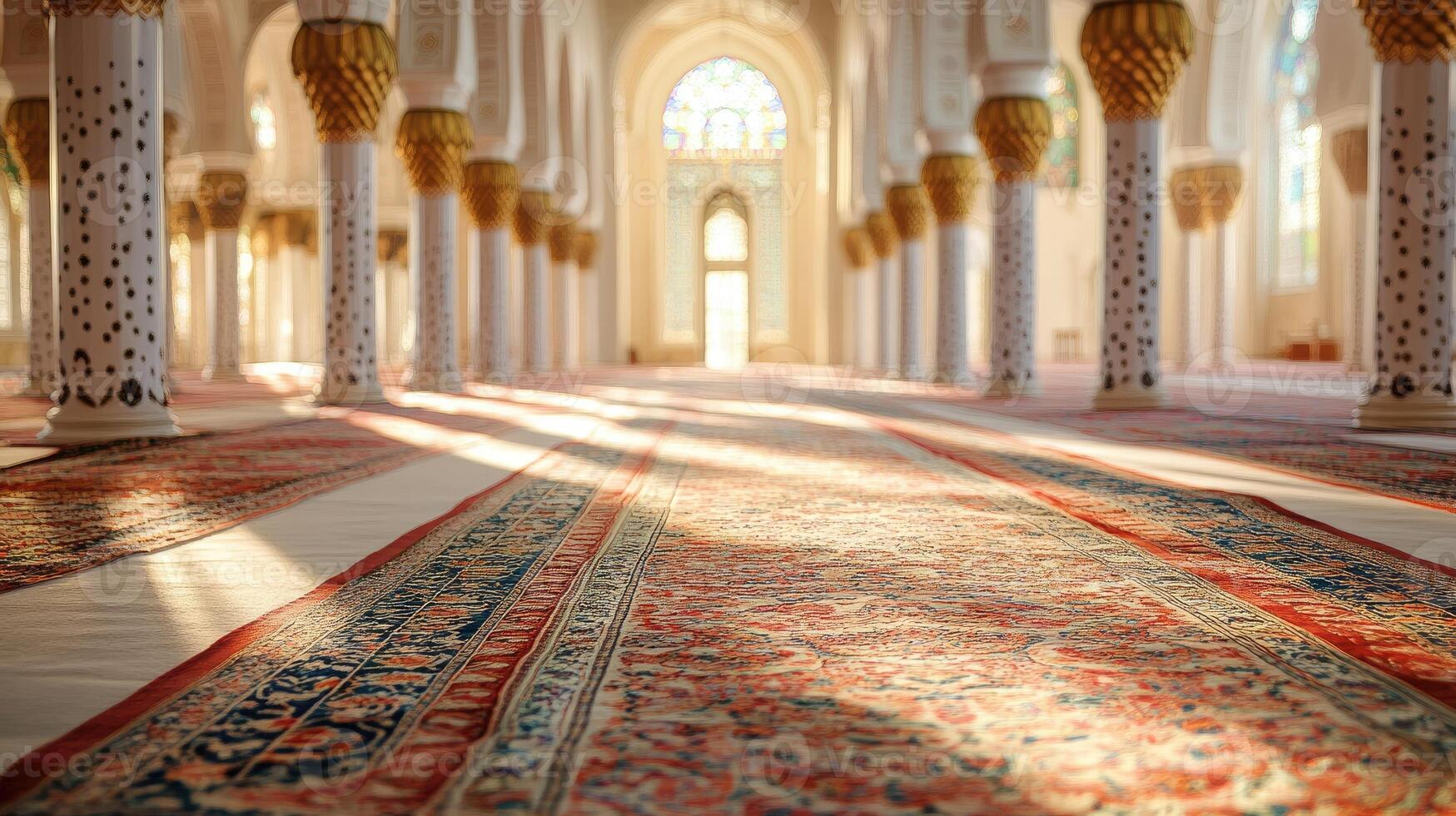 Sunlight illuminating prayer rugs in grand mosque interior photo