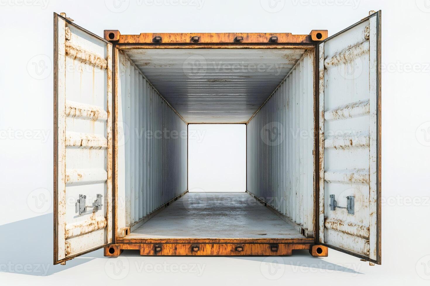 Open shipping container with rusted doors exposed photo