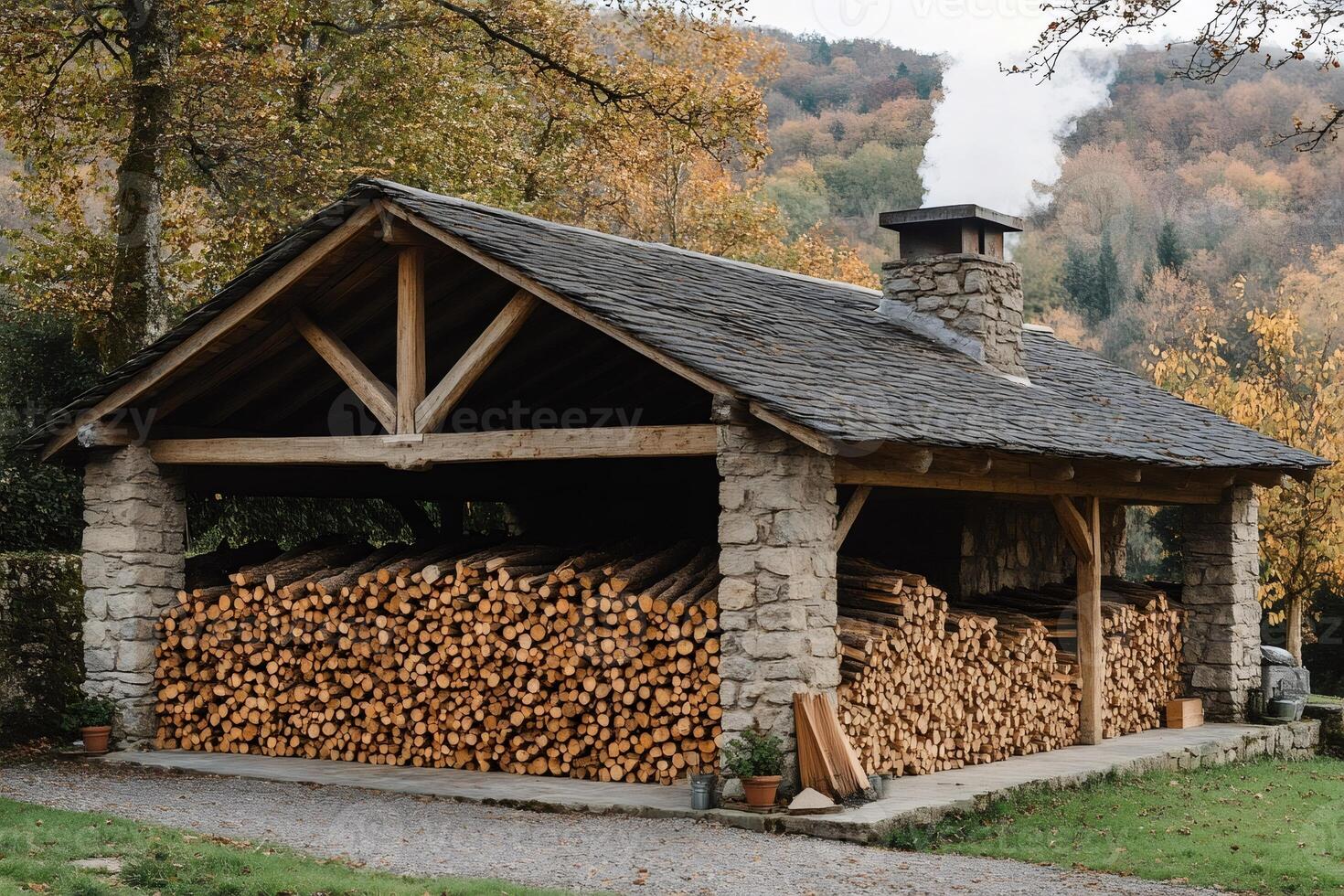 Rustic firewood shed in autumn forest setting photo