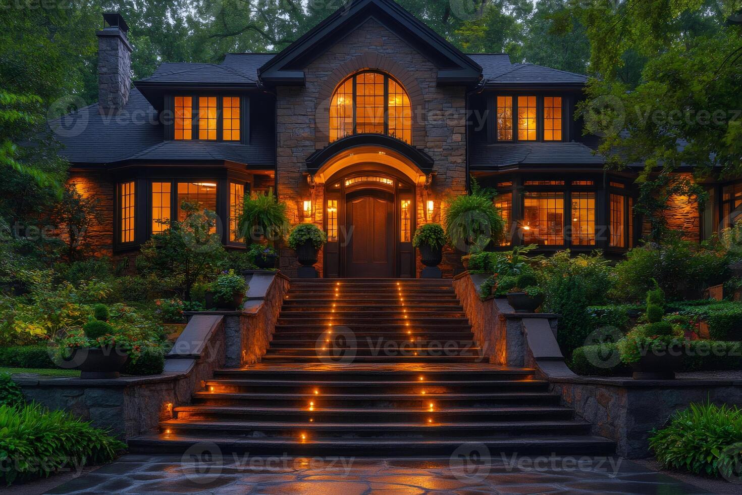 Luxurious stone and brick home exterior with illuminated steps at dusk photo