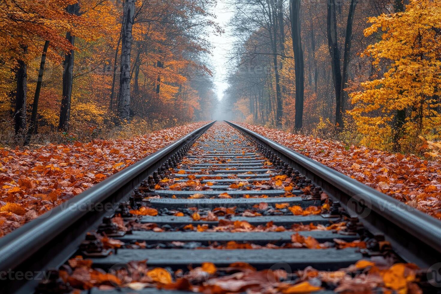 Train rails disappearing into foggy autumn forest with orange leaves photo