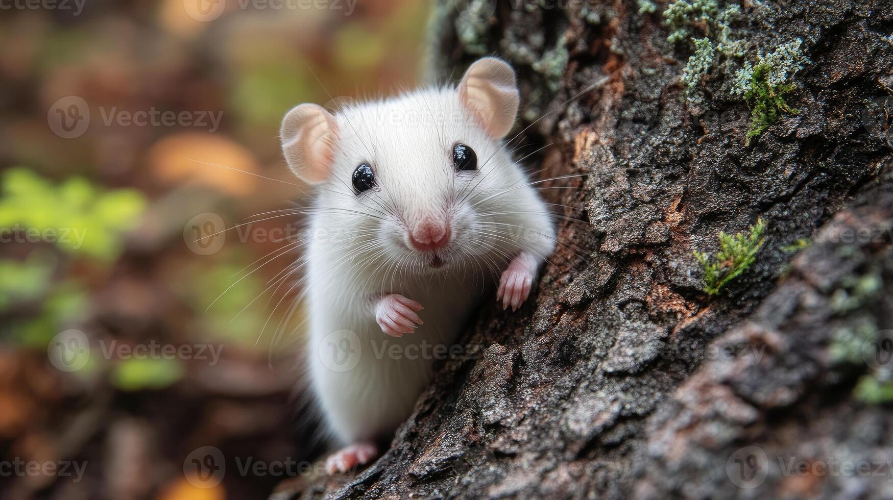 White mouse climbing tree in forest, cute rodent exploring nature photo