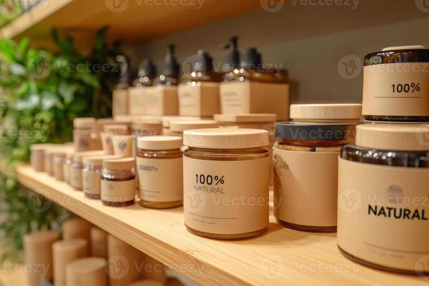 Natural cosmetics products displayed on wooden shelf promoting sustainable lifestyle photo