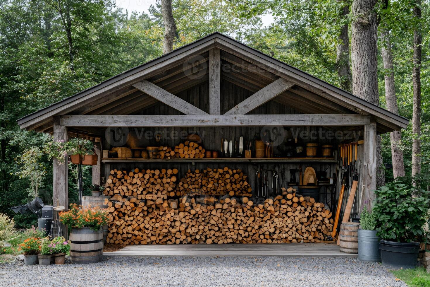 Woodshed storing firewood and tools in rural setting photo